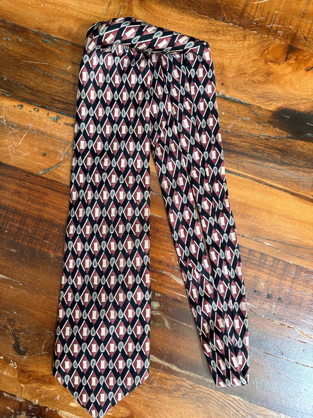 Ferracci Extra Long Men’s Tie Geometric Burgundy Black Teal 62” Polyester